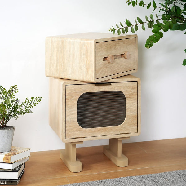 English Elm Mdf Robot Silhouette Side Table with Swivel Top Glass Cabinet and Storage Drawer N770P281241N