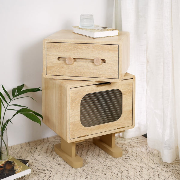 English Elm Mdf Robot Silhouette Side Table with Swivel Top Glass Cabinet and Storage Drawer N770P281241N