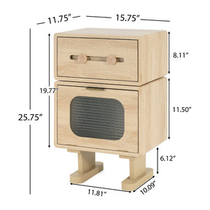 English Elm Mdf Robot Silhouette Side Table with Swivel Top Glass Cabinet and Storage Drawer N770P281241N