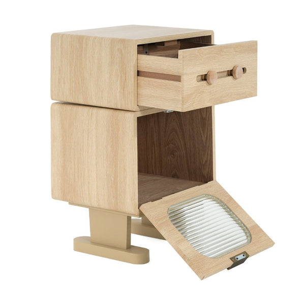 English Elm Mdf Robot Silhouette Side Table with Swivel Top Glass Cabinet and Storage Drawer N770P281241N