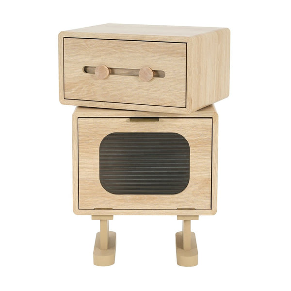 English Elm Mdf Robot Silhouette Side Table with Swivel Top Glass Cabinet and Storage Drawer N770P281241N