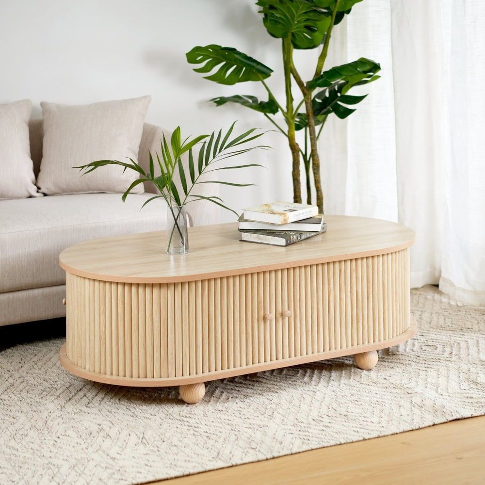 English Elm Mdf Oval Coffee Table with Retro Accordion Door and Wood Grain Melamine Top N770P281568N