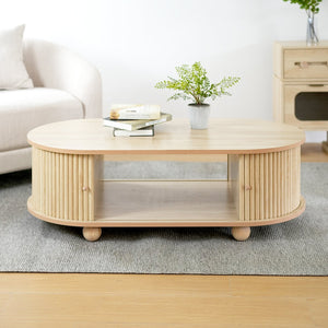 English Elm Mdf Oval Coffee Table with Retro Accordion Door and Wood Grain Melamine Top N770P281568N