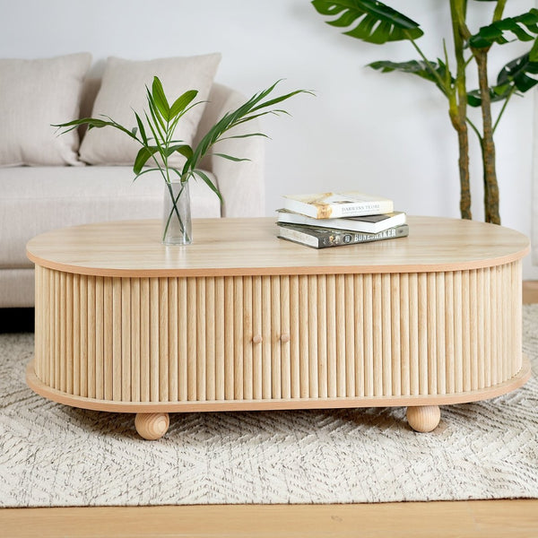 English Elm Mdf Oval Coffee Table with Retro Accordion Door and Wood Grain Melamine Top N770P281568N