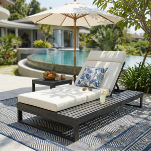 English Elm Black Acacia Hardwood Outdoor Chaise Lounge with Built-In Side Tray and Thick Cushion N770P285267B_N770P407072B