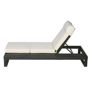 English Elm Black Acacia Hardwood Outdoor Chaise Lounge with Built-In Side Tray and Thick Cushion N770P285267B_N770P407072B