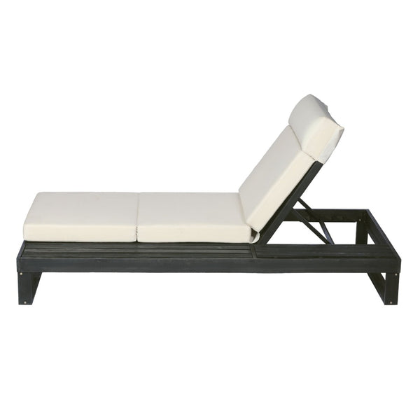 English Elm Black Acacia Hardwood Outdoor Chaise Lounge with Built-In Side Tray and Thick Cushion N770P285267B_N770P407072B