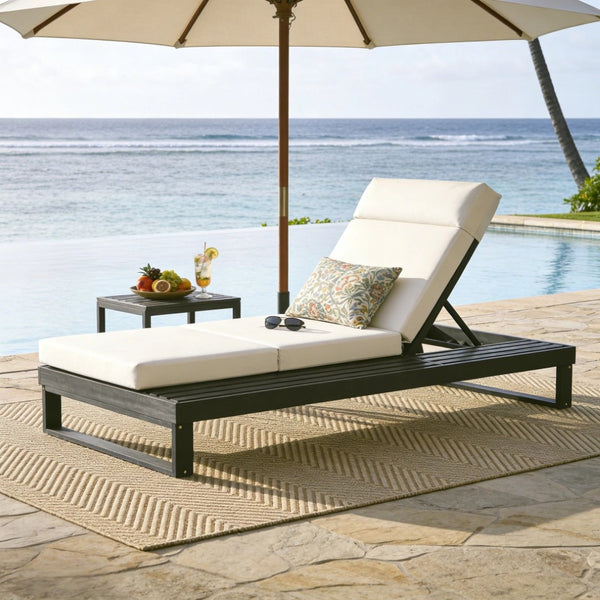 English Elm Black Acacia Hardwood Outdoor Chaise Lounge with Built-In Side Tray and Thick Cushion N770P285267B_N770P407072B