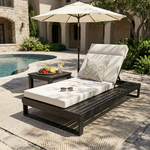 English Elm Black Acacia Hardwood Outdoor Chaise Lounge with Built-In Side Tray and Thick Cushion N770P285267B_N770P407072B