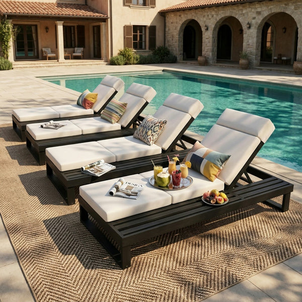 English Elm Black Acacia Hardwood Outdoor Chaise Lounge with Built-In Side Tray and Thick Cushion N770P285267B_N770P407072B