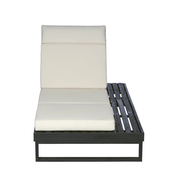English Elm Black Acacia Hardwood Outdoor Chaise Lounge with Built-In Side Tray and Thick Cushion N770P285267B_N770P407072B