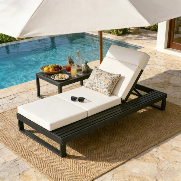 English Elm Black Acacia Hardwood Outdoor Chaise Lounge with Cushion and Adjustable Backrest N770P285267C_N770P407072B