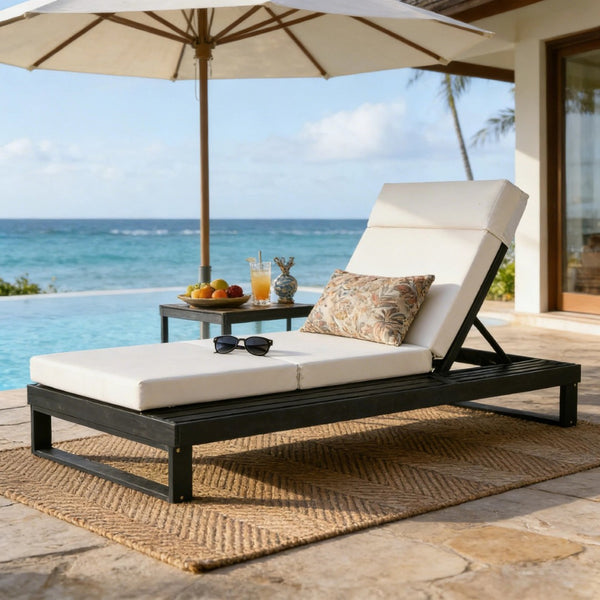 English Elm Black Acacia Hardwood Outdoor Chaise Lounge with Cushion and Adjustable Backrest N770P285267C_N770P407072B