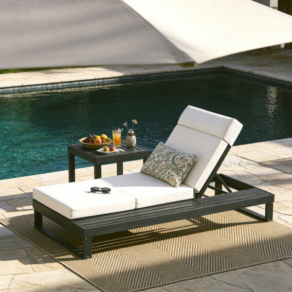 English Elm Black Acacia Hardwood Outdoor Chaise Lounge with Cushion and Adjustable Backrest N770P285267C_N770P407072B