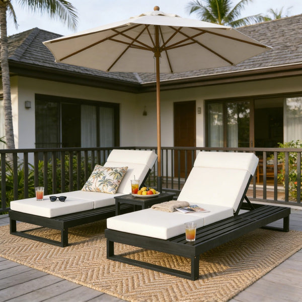 English Elm Black Acacia Hardwood Outdoor Chaise Lounge with Cushion and Adjustable Backrest N770P285267C_N770P407072B