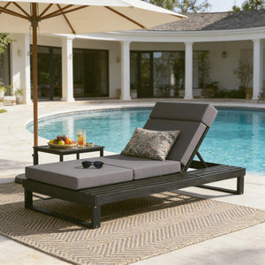English Elm Black Acacia Hardwood Outdoor Chaise Lounge with Built-in Ledge and Cushion Included N770P285267G_N770P407072B
