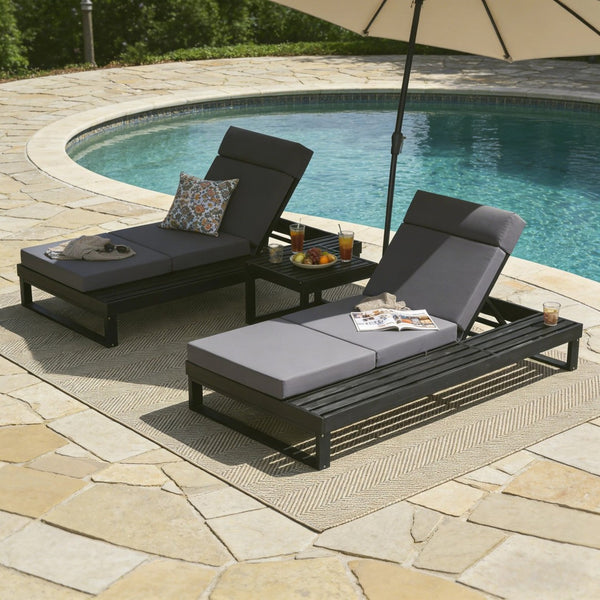 English Elm Black Acacia Hardwood Outdoor Chaise Lounge with Built-in Ledge and Cushion Included N770P285267G_N770P407072B