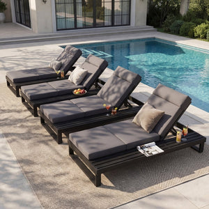 English Elm Black Acacia Hardwood Outdoor Chaise Lounge with Built-in Ledge and Cushion Included N770P285267G_N770P407072B