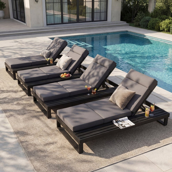English Elm Black Acacia Hardwood Outdoor Chaise Lounge with Built-in Ledge and Cushion Included N770P285267G_N770P407072B
