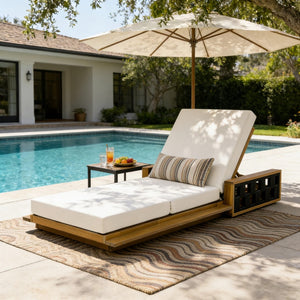 English Elm Acacia Wood Reclining Outdoor Chaise Lounge Teak Finish Rope Accents Patio Poolside Cream N770P350816T_N770P208317C