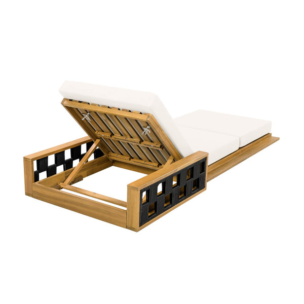 English Elm Acacia Wood Reclining Outdoor Chaise Lounge Teak Finish Rope Accents Patio Poolside Cream N770P350816T_N770P208317C