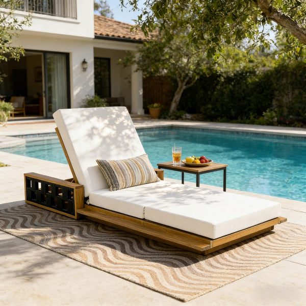 English Elm Acacia Wood Reclining Outdoor Chaise Lounge Teak Finish Rope Accents Patio Poolside Cream N770P350816T_N770P208317C