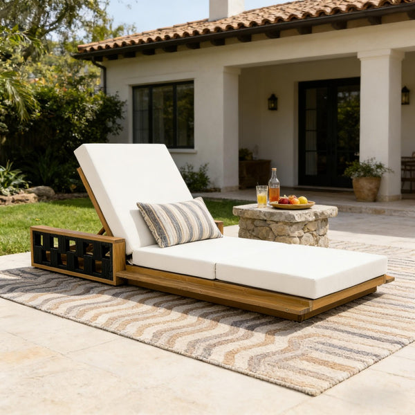 English Elm Acacia Wood Reclining Outdoor Chaise Lounge Teak Finish Rope Accents Patio Poolside Cream N770P350816T_N770P208317C