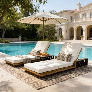 English Elm Acacia Wood Reclining Outdoor Chaise Lounge Teak Finish Rope Accents Patio Poolside Cream N770P350816T_N770P208317C