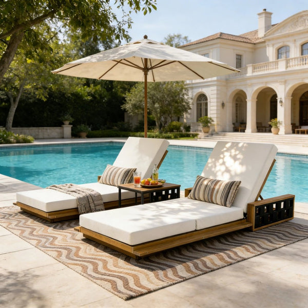 English Elm Acacia Wood Reclining Outdoor Chaise Lounge Teak Finish Rope Accents Patio Poolside Cream N770P350816T_N770P208317C