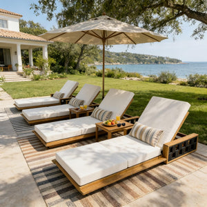 English Elm Acacia Wood Reclining Outdoor Chaise Lounge Teak Finish Rope Accents Patio Poolside Cream N770P350816T_N770P208317C