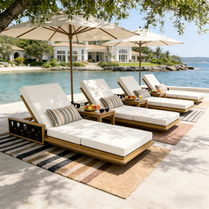 English Elm Acacia Wood Reclining Outdoor Chaise Lounge Teak Finish Rope Accents Patio Poolside Cream N770P350816T_N770P208317C