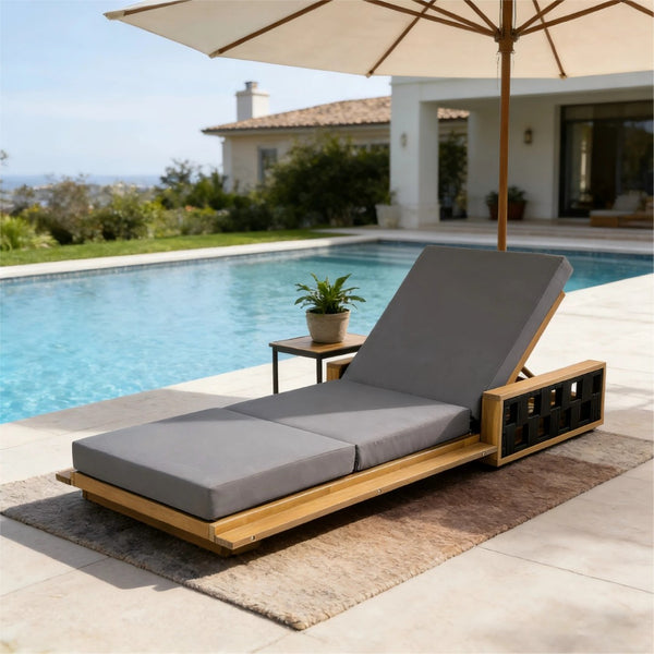 English Elm Acacia Wood Reclining Outdoor Chaise Lounge Teak Finish Rope Accents Patio Poolside Dark Gray N770P350816T_N770P208326G