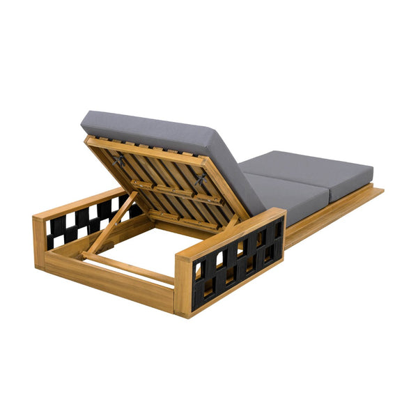 English Elm Acacia Wood Reclining Outdoor Chaise Lounge Teak Finish Rope Accents Patio Poolside Dark Gray N770P350816T_N770P208326G