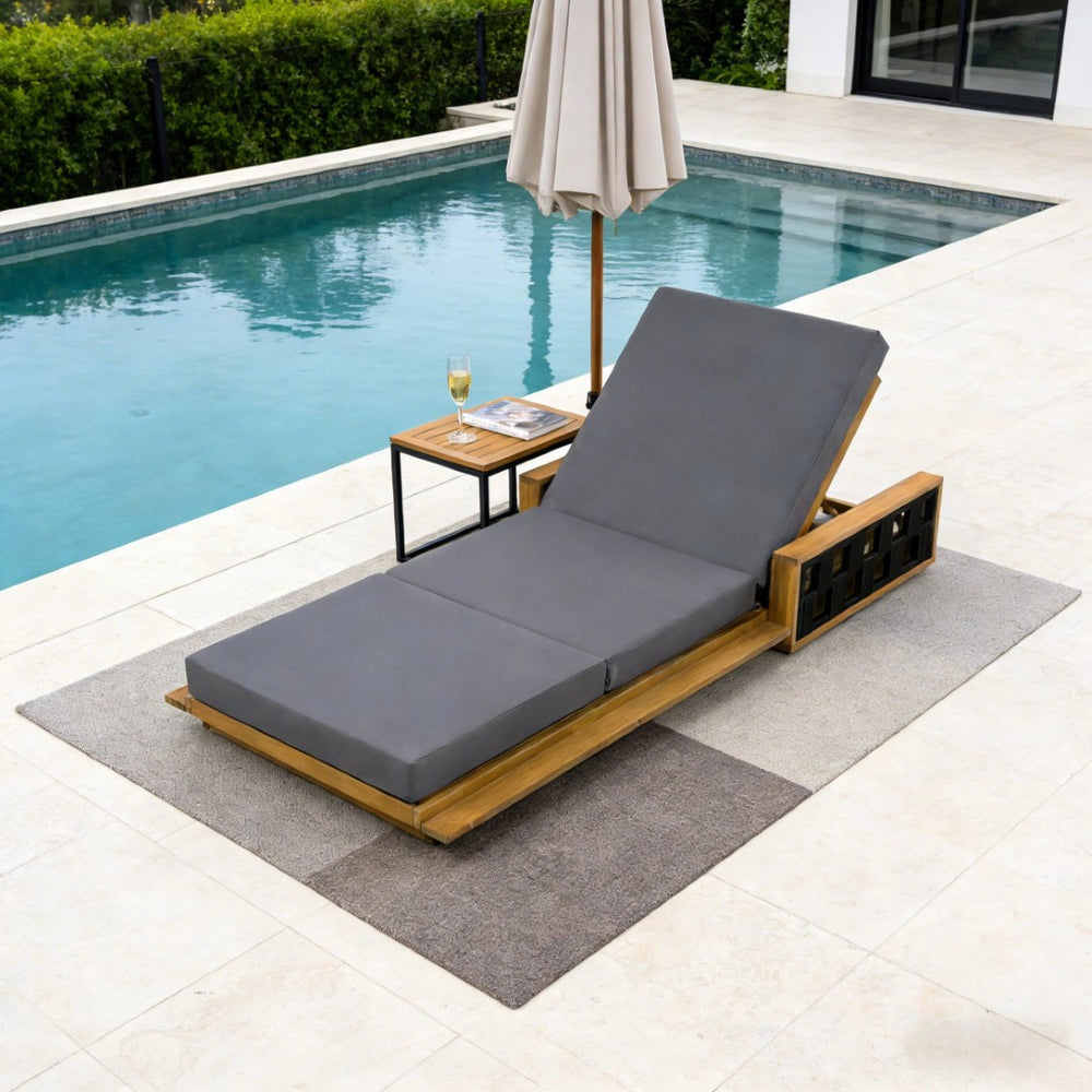 English Elm Acacia Wood Reclining Outdoor Chaise Lounge Teak Finish Rope Accents Patio Poolside Dark Gray N770P350816T_N770P208326G