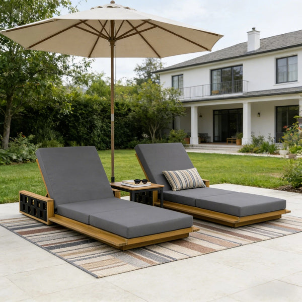 English Elm Acacia Wood Reclining Outdoor Chaise Lounge Teak Finish Rope Accents Patio Poolside Dark Gray N770P350816T_N770P208326G