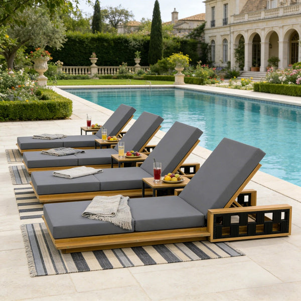 English Elm Acacia Wood Reclining Outdoor Chaise Lounge Teak Finish Rope Accents Patio Poolside Dark Gray N770P350816T_N770P208326G