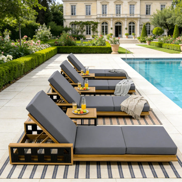 English Elm Acacia Wood Reclining Outdoor Chaise Lounge Teak Finish Rope Accents Patio Poolside Dark Gray N770P350816T_N770P208326G