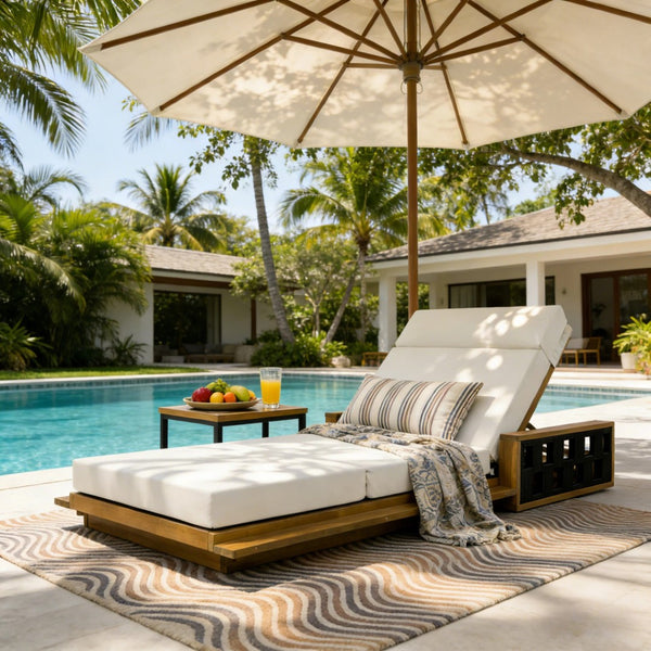 English Elm Acacia Wood Outdoor Chaise Lounge Teak Finish Reclining Poolside Patio Lounger Beige N770P350816T_N770P285267B