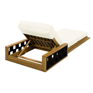 English Elm Acacia Wood Outdoor Chaise Lounge Teak Finish Reclining Poolside Patio Lounger Beige N770P350816T_N770P285267B