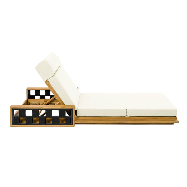 English Elm Acacia Wood Outdoor Chaise Lounge Teak Finish Reclining Poolside Patio Lounger Beige N770P350816T_N770P285267B