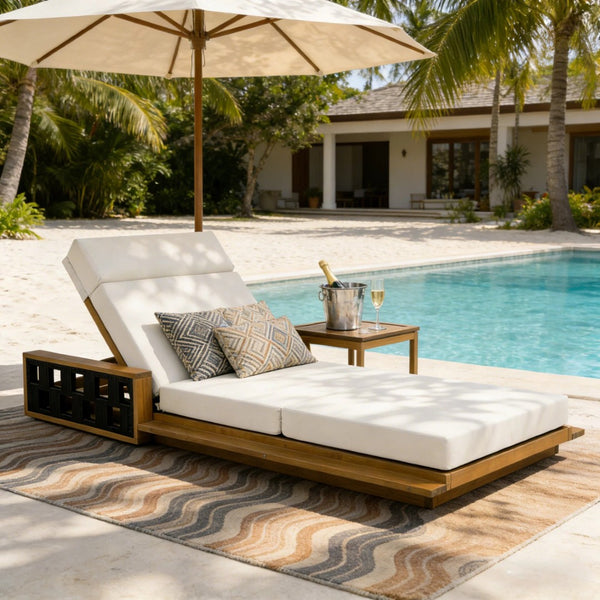 English Elm Acacia Wood Outdoor Chaise Lounge Teak Finish Reclining Poolside Patio Lounger Beige N770P350816T_N770P285267B