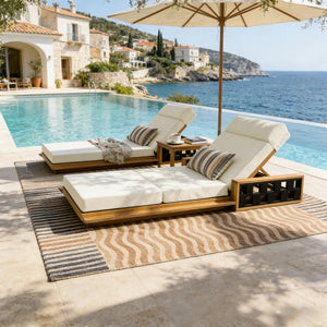 English Elm Acacia Wood Outdoor Chaise Lounge Teak Finish Reclining Poolside Patio Lounger Beige N770P350816T_N770P285267B