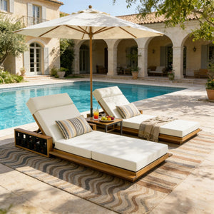 English Elm Acacia Wood Outdoor Chaise Lounge Teak Finish Reclining Poolside Patio Lounger Beige N770P350816T_N770P285267B