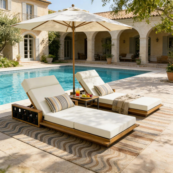 English Elm Acacia Wood Outdoor Chaise Lounge Teak Finish Reclining Poolside Patio Lounger Beige N770P350816T_N770P285267B