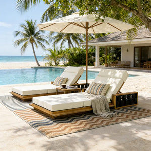 English Elm Acacia Wood Outdoor Chaise Lounge Teak Finish Reclining Poolside Patio Lounger Beige N770P350816T_N770P285267B