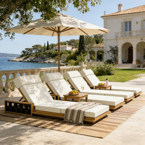 English Elm Acacia Wood Outdoor Chaise Lounge Teak Finish Reclining Poolside Patio Lounger Beige N770P350816T_N770P285267B