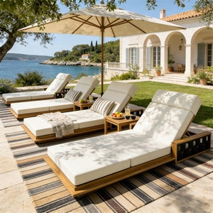 English Elm Acacia Wood Outdoor Chaise Lounge Teak Finish Reclining Poolside Patio Lounger Beige N770P350816T_N770P285267B