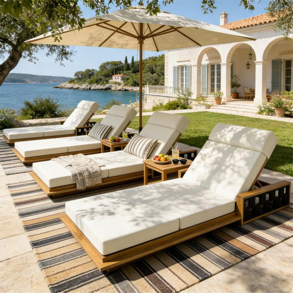 English Elm Acacia Wood Outdoor Chaise Lounge Teak Finish Reclining Poolside Patio Lounger Beige N770P350816T_N770P285267B