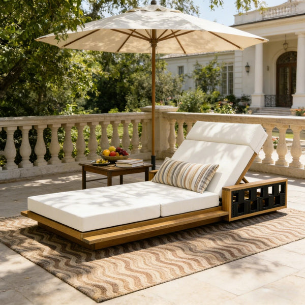 English Elm Acacia Wood Outdoor Chaise Lounge Teak Finish Reclining Poolside Patio Lounger Cream N770P350816T_N770P285267C