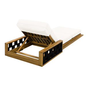 English Elm Acacia Wood Outdoor Chaise Lounge Teak Finish Reclining Poolside Patio Lounger Cream N770P350816T_N770P285267C